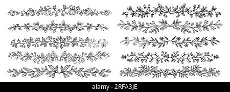 Blumige Trennwände für Herbsthochzeiten, blühende Vignetten, Trennwände, Ränder und Trennwände. Vektorlinien-Blumenteiler mit handgezeichneten Ornamenten aus Blumenreben, Blattnästen und Gartenpflanzen-Girlanden Stock Vektor