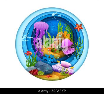 Cartoon-Korallen, Algen und Quallen auf Meerespapier, das in Unterwasserlandschaft geschnitten wurde. Ozeanblauer Wasservektorhintergrund in rundem 3D-mm-Paperut-Rahmen mit tropischen Fischschuppen, Seesternen, Algen und Blasen Stock Vektor