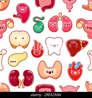 Cartoon menschliche Organfiguren nahtloser Musterhintergrund, Vektorteile. Komisches anatomisches Muster mit menschlichen Organen, niedlichem Herz, Gehirn oder Niere und Zahn, Darm, Pankreas und Leber Hintergrund Stock Vektor