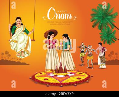 Happy onam Grüße Vektor-Illustration. Illustration der Kerala Familie auf Schaukel Stock Vektor