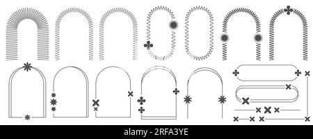 Ästhetische Rahmen und Formen mit Sternen. Grafikdesign mit minimaler Y2K-Kontur und Glitzereffekt. Abstrakte minimalistische Bogengrenzen. Trendige Boho geometrisch Stock Vektor