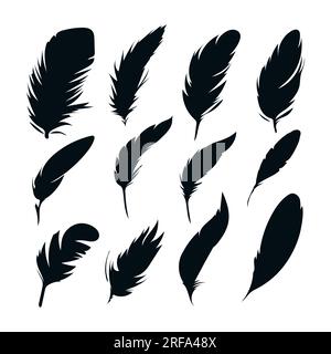 Schwarze Silhouetten einer Vogelfeder. Federkollektion. Vektor auf weiß isoliert. Stock Vektor