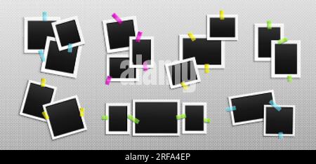 Collage-Vorlage für Bilder mit Bilderrahmen und Klebeband. Album- oder Galeriemodell mit leeren Papierschnappschüssen mit weißem Rand, der beim Transponieren isoliert wird Stock Vektor