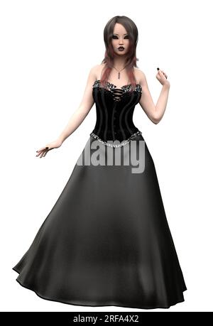 Gotische Asiatin trägt schwarzes Kleid mit Korsett, Illustration 3D. Stockfoto