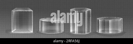 Realistischer Satz von 3D transparenten Plattformen, isoliert im Hintergrund. Vektordarstellung von Würfeln, Zylindern, sechseckigen Sockelmodellen, steht für Kosmetik Stock Vektor