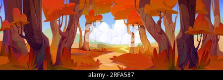 Herbstwald-Vektorlandschaft. Pfad in der Nähe des Orangenbaums in der Cartoon Fall Park Szene. Sonniger Tag im Valley Horizon. Herbstsaison und Wanderweg auf der Straße Stock Vektor