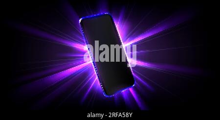 Realistisches 3D-Smartphone mit Neonlichteffekt auf transparentem Hintergrund. Vektordarstellung eines Mobiltelefon-Modells mit leerem Touchscreen. Stock Vektor