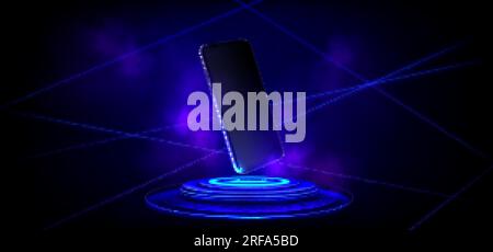 3D Neonlicht futuristisches Podium für Mobiltelefone. Standmodell mit Lasereffekttechnologie für das Produkt. Vorlage für Gewinner des Smartphone-Bildschirms bei Cyber Glow Stock Vektor