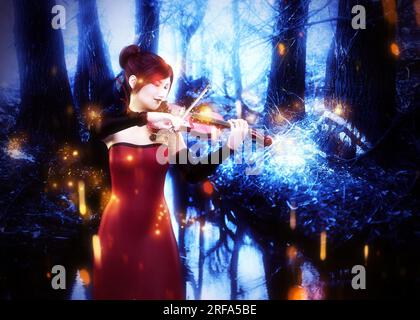 Bäume und kleiner Fluss in der Nacht neblig Wald mit Glühwürmchen und 3D Frau Geige Spieler, Fotomanipulation. Stockfoto