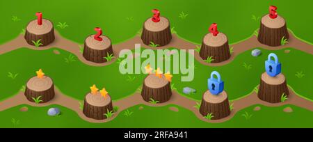 Spielebenenanzeige zur Auswahl des Zeichentrickdesigns auf der Karte-ui-Oberfläche. Isometrischer Wald mit Holzstumpffarbe, Nummer und Stern. Naturwald Pointer und Stock Vektor