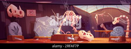 Verlassenes Museum und zerbrochene Fossilien-Dinosaurier-Cartoon-Vektorausstellung. Tyrannosaurus paleontologische Desaster-Illustration. Dreckiges altes jurassic-Galerie-Zimmer Stock Vektor