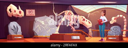 Weibliche Reiseleiterin im Museum mit Fossil-Dinosaurier-Cartoon-Vektor. Tyrannosaurus Dino Skelettausstellung über Podest und archäologische Geschichte. Prähistorische Galle Stock Vektor