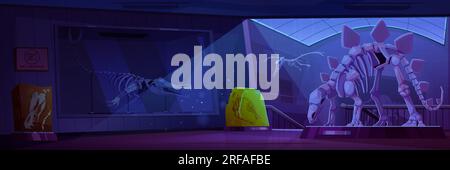 Nacht-Museumsraum mit Fossil-Dinosaurier-Skelett-Cartoon-Vektor-Hintergrund. Jurassic Paleontology zeigt das Innere der Galerie mit Triceratops und Pterodact Stock Vektor