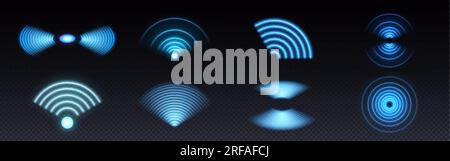 vektoreffekt der 3D-WLAN-Neonlicht-Technologie. Abstraktes Symbol für Funksignalglühen. Schallscan-Echoortungslinienkonzept. Futuristische radiale Mafia Stock Vektor
