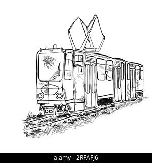 Straßenbahn auf weißem Hintergrund. Öffentliche Verkehrsmittel. Von Hand gezeichnete Skizze einer Retro-Straßenbahn. Stadtbahn oder Straßenbahn. Designelement eines städtischen Trolleybusses. Vektordarstellung Stock Vektor