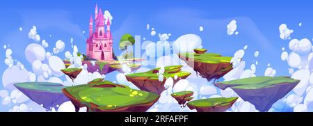 Fantasy Castle auf einer schwimmenden Insel in Sky Cartoon Landschaft. Magisches Märchen im fliegenden Königsturm in der Fantasie-Himmel-Traumszene. Sommergrün und Stock Vektor