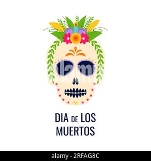 Dia de los muertos. Der Tag der Toten. Mexikanische Tradition, Festival. Männerschädel mit Blumenkrone. Banner, Flyer und Karte. Flache Abbildung. Stock Vektor