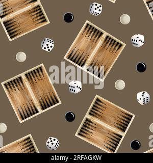 Backgammon-Bretter, Checkers und weiße Spielwürfel Würfel wasserfarbenes, nahtloses Muster auf braunem Hintergrund Stockfoto
