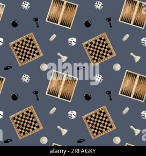 Dunkelblaue Tischbrettspiele Schach, Backgammon und Dame mit weißen Spielwürfeln Würfel wasserfarbenes nahtloses Muster Stockfoto
