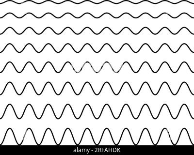 Wellenlinie eingestellt. Wavy Thin Stripes Kollektion. Schwarze horizontale Wasserkurvenlinien. Einfacher schwarzweißer Hintergrund. Bearbeitbare Kontur. Vektor Stock Vektor