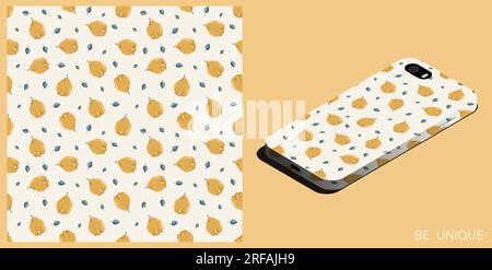 Modernes Smartphone in einzigartiger Hülle mit nahtlosem Muster mit Quittenobst im Ganzen und Blättern. Exotische Fruchtparty. Isometrische Draufsicht. Vektor oder Name Stock Vektor