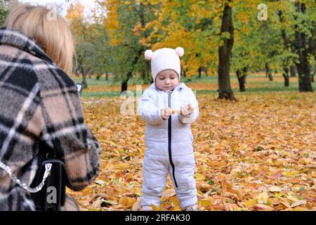 Die junge Mutter fotografiert ihr Kind am Telefon im Herbstpark. Horizontales Foto Stockfoto
