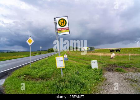 Bushaltestelle Abzweig Eschenpötel, auf dem Land, Sauerland, in der Nähe von Warstein-Allagen, Landstraße K28, Buslinie 552 zwischen Soest und Warstein hat 1 Stockfoto