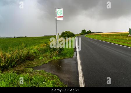 Bushaltestelle Abzweig Eschenpötel, auf dem Land, Sauerland, in der Nähe von Warstein-Allagen, Landstraße K28, Buslinie 552 zwischen Soest und Warstein hat 1 Stockfoto