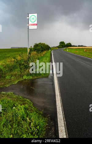 Bushaltestelle Abzweig Eschenpötel, auf dem Land, Sauerland, in der Nähe von Warstein-Allagen, Landstraße K28, Buslinie 552 zwischen Soest und Warstein hat 1 Stockfoto