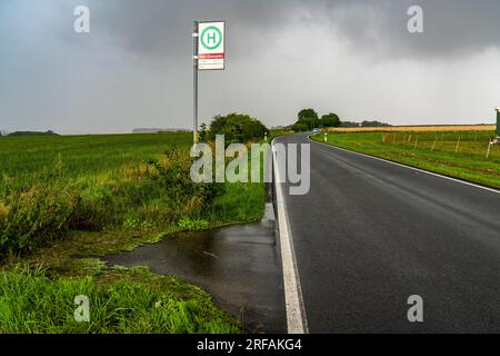 Bushaltestelle Abzweig Eschenpötel, auf dem Land, Sauerland, in der Nähe von Warstein-Allagen, Landstraße K28, Buslinie 552 zwischen Soest und Warstein hat 1 Stockfoto