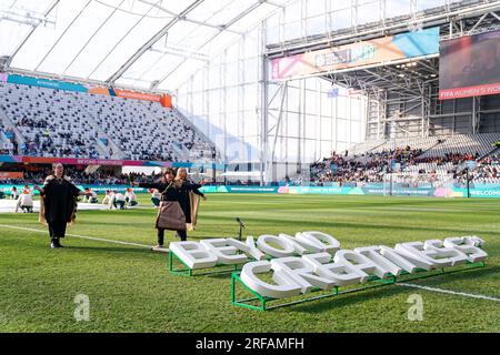 Dunedin, Neuseeland. 28. Juli 2023. Dunedin, Neuseeland, Juli 28. 2023: Zereomonie vor dem FIFA Womens World Cup 2023 Fußballspiel zwischen Argentinien und Südafrika im Dunedin Stadium in Dunedin, Neuseeland. (Daniela Porcelli/SPP) Kredit: SPP Sport Press Photo. Alamy Live News Stockfoto