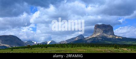 Spektakulärer, flacher Berg im Gletscher-Nationalpark im Sommer, wie von der Route 89 auf dem Weg zu waterton Lakes in alberta, kanada, zu sehen Stockfoto