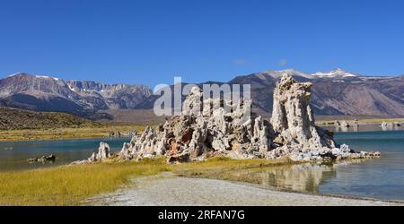 Der markante Kalkstein-Tuffstein ragt an einem sonnigen Herbsttag entlang der Südküste des alkalischen Soda-Mono-Sees in der Nähe von lee Vining, kalifornien Stockfoto