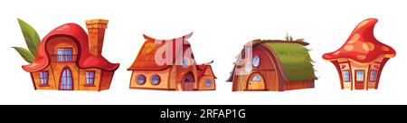 Märchenhafte Cartoon-Vektor-Fantasie-Haus-Set. Süße magische Pilz-Symbol-Illustration. Abgelegenes Märchen kleine Holzhütte oder Geschäfte von außen. Elf- und Gnom-Residenzsammlung Stock Vektor