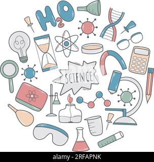 Handgezeichnetes Rundbanner für Wissenschaft. Chemie, Biologen und Physik. Doodle Broschüre wissenschaftliche Forschung, Experimente und Studien, Vektor Stock Vektor
