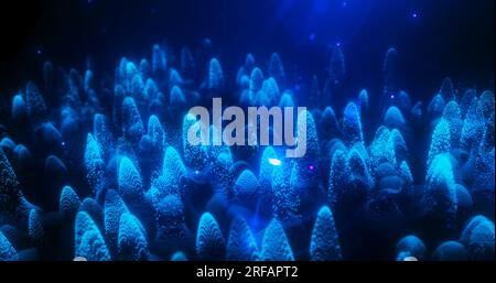 Abstrakte blaue futuristische Landschaft aus Partikeln und Punkten energiegeladener Magie mit Glüh- und Weichzeichnungseffekt, abstrakter Hintergrund. Stockfoto