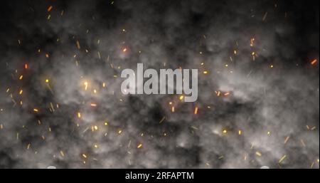 Abstrakte orangefarbene feurige Funken und dunkelgrauer Lagerfeuerrauch mit Feuer, abstrakter Hintergrund. Stockfoto