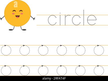 Kreis aufzeichnen und lernen. Grundlegende geometrische Formen. Arbeitsblatt für Kinder. Stock Vektor