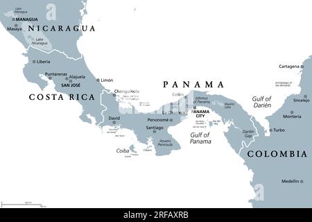 Costa Rica und Panama, graue politische Karte, mit Isthmus von Panama und Darien Gap. Schmaler Landstreifen und Region zwischen dem Karibischen Meer und dem Pazifik. Stockfoto