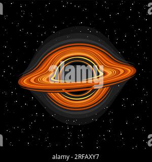 Vektordarstellung des Black Hole, quadratisches, astronomisches Poster mit Cartoon-Design, rotierenden orangefarbenen Gaswolken, Linienart-cosmo-Druck mit futuristischem Design Stock Vektor