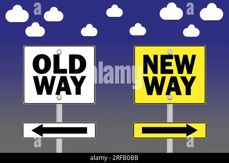 Straßenschild Old Way gegen New Way. Richtungsstraße. Kreuzung Straßenschild, Two Arrow. Blauer und grauer Hintergrund. Vektordarstellung Wolken Stock Vektor