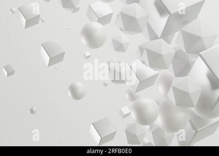 Modern abstrakt, chaotische Zusammensetzung, Kugel, polygonaler Hintergrund, geometrische Zukunftsorientierung, Weiße, graue Elemente. 3D Bild rendern. Stockfoto