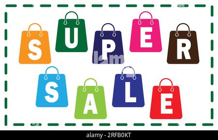 Vektordarstellung eines Sets bunter Einkaufstaschen mit den Worten „SUPER SALE“. Geeignet für Saisonende, Super Sale Social-Media-Banner Stock Vektor