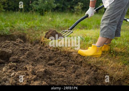 Landwirt, der mit Handwerkzeugen Land im Garten anbaut. Bodenlockerung. Gartenkonzept. Rechen und Spaten auf gelöstem Boden. Landwirtschaftliche Arbeiten Stockfoto