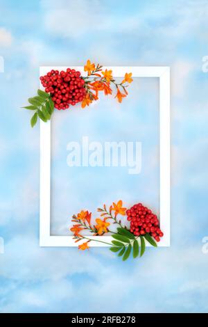 Herbsterntfest Obst und Blume Hintergrund Grenze mit weißem Rahmen auf blauem Himmel und Wolke. Festliches florales Herbst Thanksgiving Naturkonzept. Stockfoto