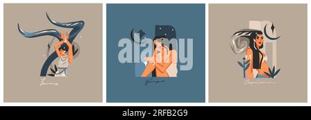 Handgezeichnete Vektoren abstrakte grafische Illustrationen mit zodiakalen astrologischen, zeitgenössischen Erdzeichen-Symbolenset, magisches Bo-Ho-Weibchen Stock Vektor