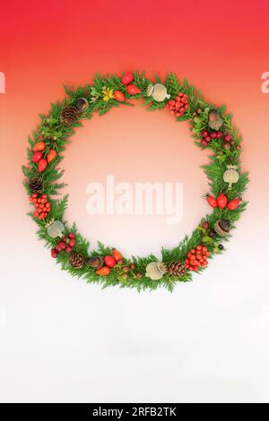 Herbst Thanksgiving-Kranz mit Blättern, Beerenobst, Nüssen und Samenköpfen auf abgestuftem rotem Hintergrund, Design des Nature Flora Samhain Harvest Festivals Stockfoto