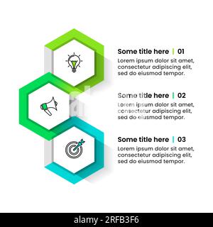 Infografik-Vorlage mit Symbolen und 3 Optionen oder Schritten. Sechsecke. Kann für Workflow-Layout, Diagramm, Banner, webdesign verwendet werden. Vektordarstellung Stock Vektor