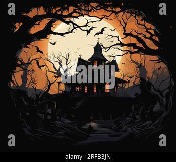 Vector halloween Schloss und Kürbisse. Orangefarbene Laternen im Schloss. Gruselige halloween-Burg mit Vollmond-Licht-Vektor-Illustration Stock Vektor