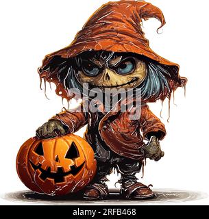 Vektor halloween Skelett Mann mit blauen Haaren. Lächelnde Laterne. Wütendes Skelett mit oranger Kostümvektorillustration auf weißem Hintergrund Stock Vektor